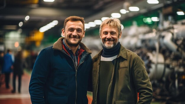 Two men smiling in a factory setting