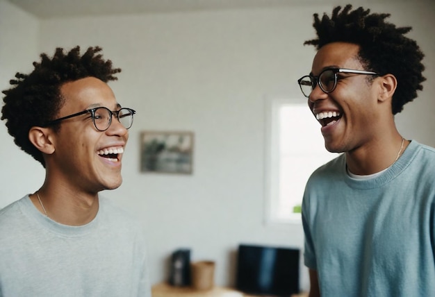 two men smiling and one has a blue shirt on