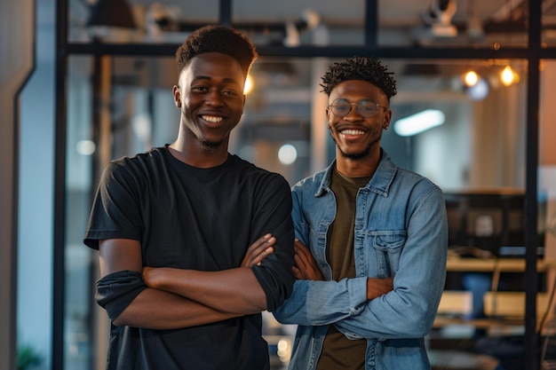 Photo two men smiling and one has a smile on his face