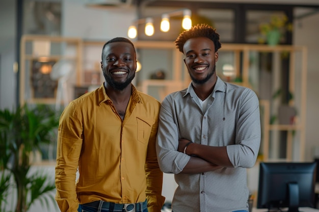 Photo two men smiling and one has a yellow shirt on