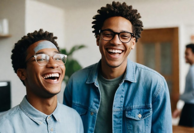 two men smiling and smiling one wearing glasses and the other has a blue shirt