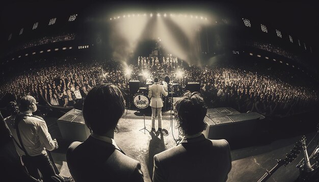 Photo two men on stage with a microphone in front of them