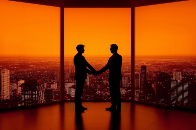 Two men stand in front of a large window with a orange background that says'the word'on it '