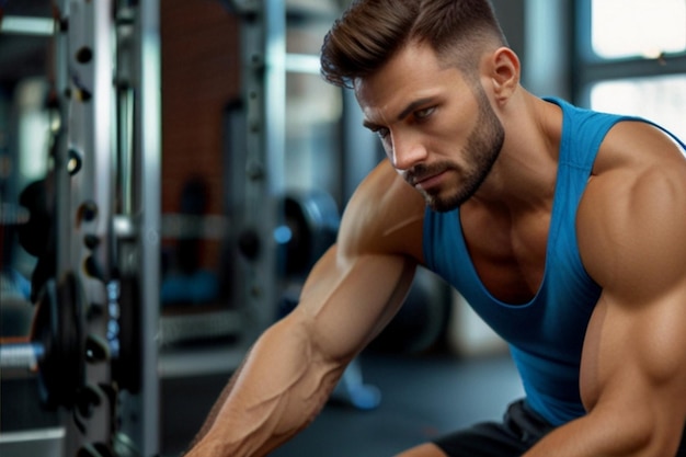 Photo two men stand in a gym one of them has a shirt that says  bodybuilding