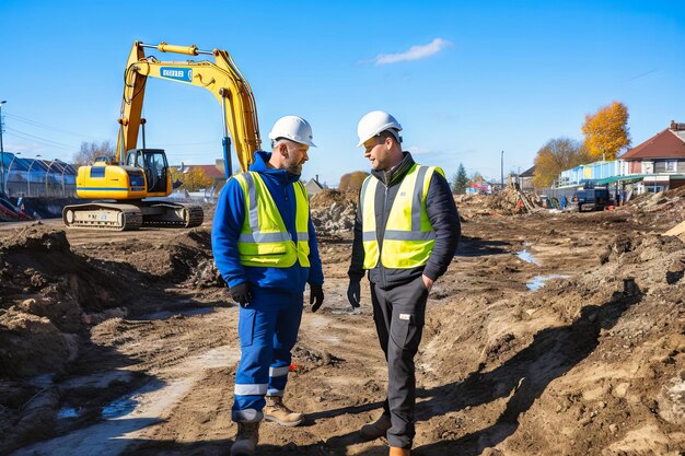 Photo two men standing by pile of dirt