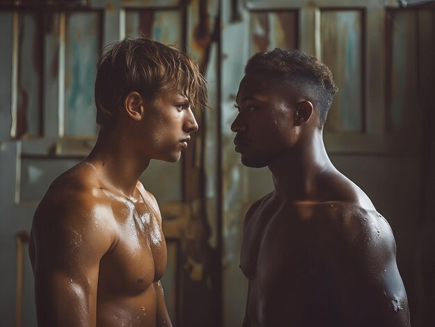 Two men standing in front of a door