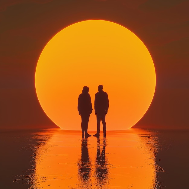 Photo two men standing in front of a large orange circle with the sun behind them