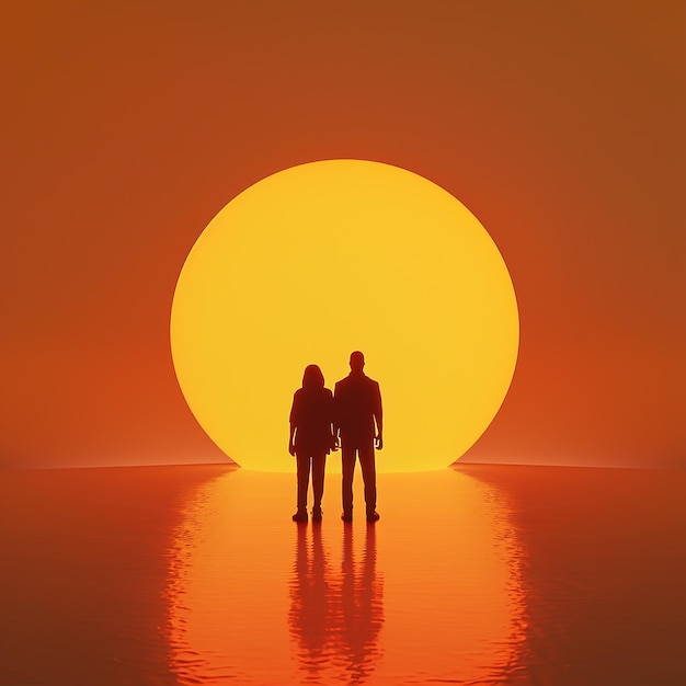 Photo two men standing in front of a large orange circle with the sun behind them