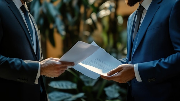 Photo two men in suits are holding papers and looking at each other