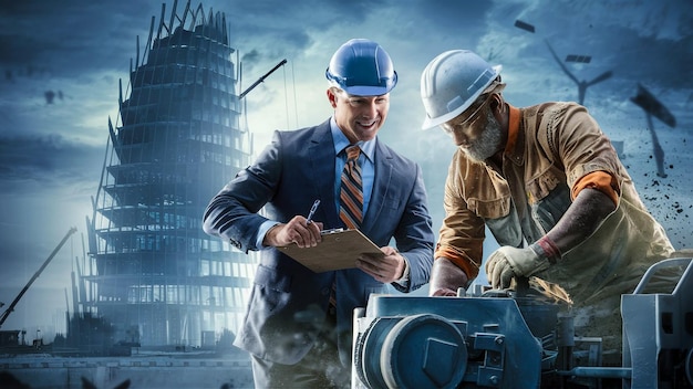 two men in suits are looking at a machine that says quot we are working quot