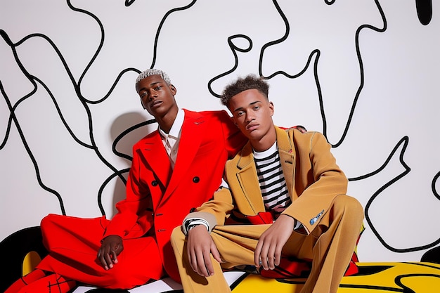 Two men in suits are posing for a photo in front of a white wall with a black