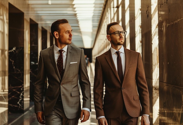 two men in suits are walking in front of a building