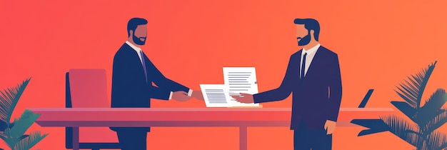 Photo two men in suits shake hands across a table with a document representing a business deal symbo