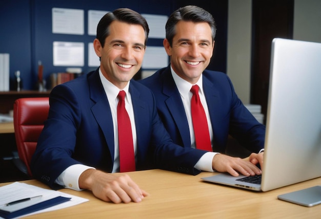 two men in suits sit at a desk with a laptop and a sign that says quot macbook quot