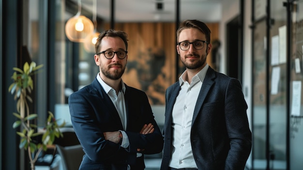 two men in suits stand in front of a mirror and one has his arms crossed