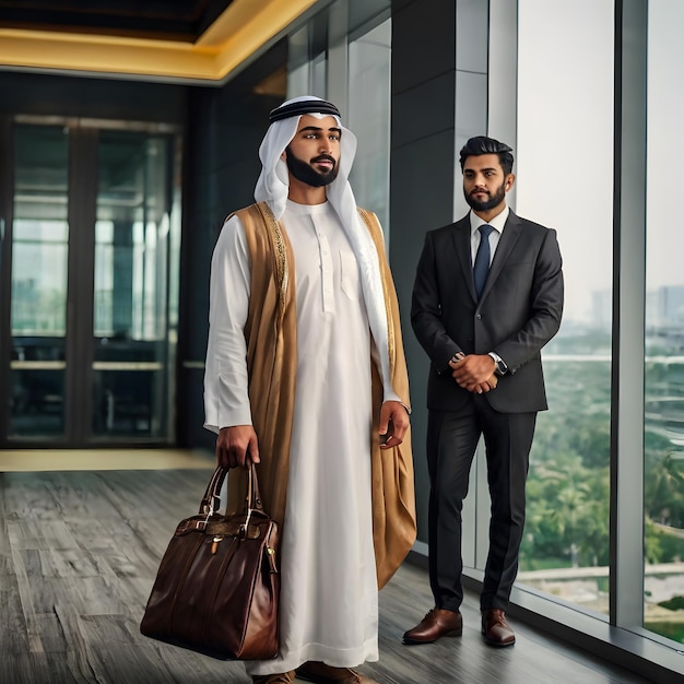 two men in suits stand in front of a window