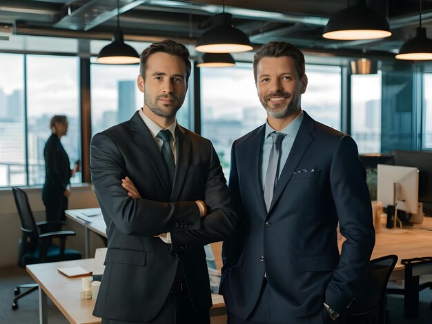 two men in suits stand in a room with a window behind them