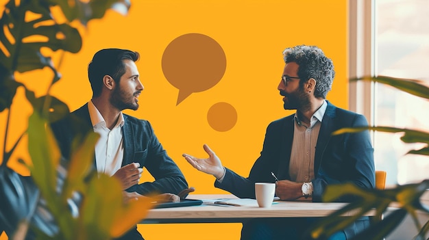 Photo two men talking in front of a yellow background with a speech bubble