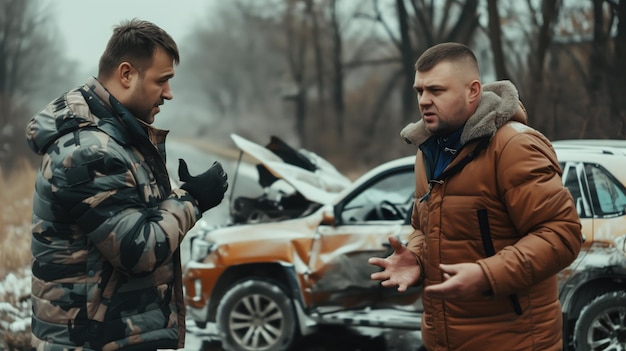 Two men talking near their cars that were involved in a accident on the road