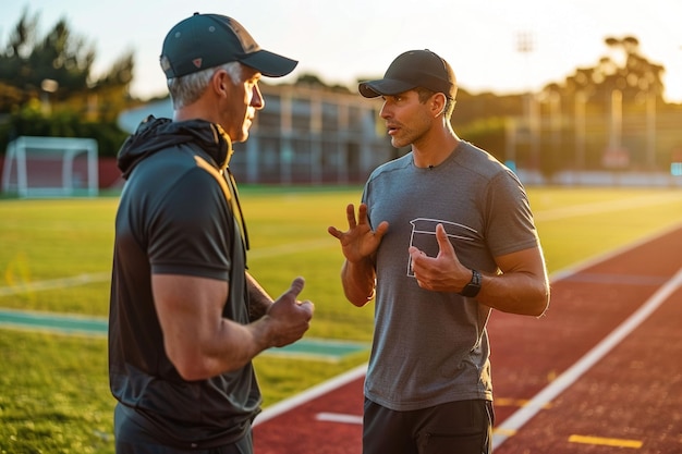 Photo two men talking on a track field