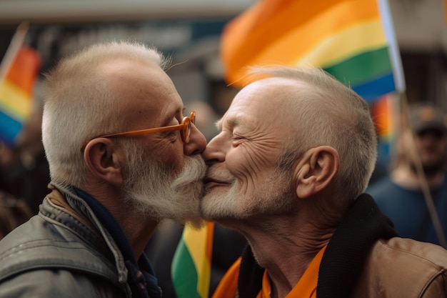 Two men in their 70s giving and kissing on the lips with the LGTBI flag in the background