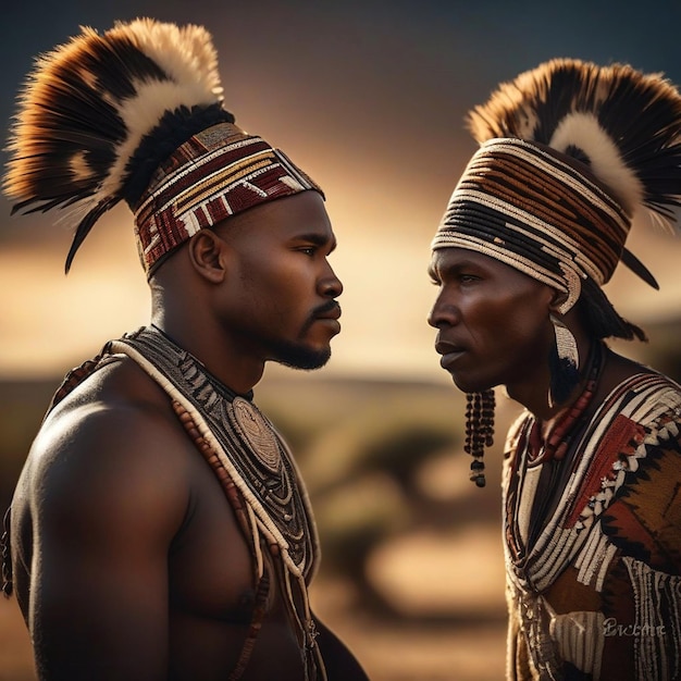 two men in traditional indian attire one of whom is wearing a feathered headdress