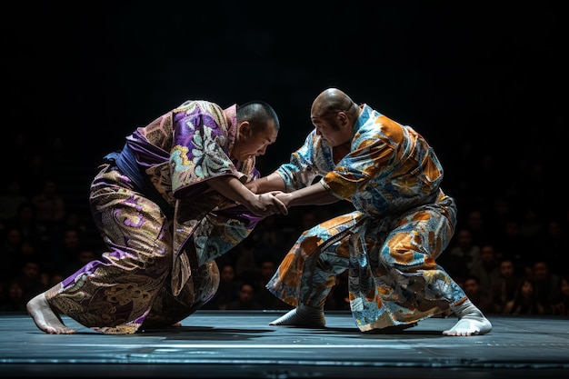 Photo two men in traditional japanese kimonos wrestling on stage