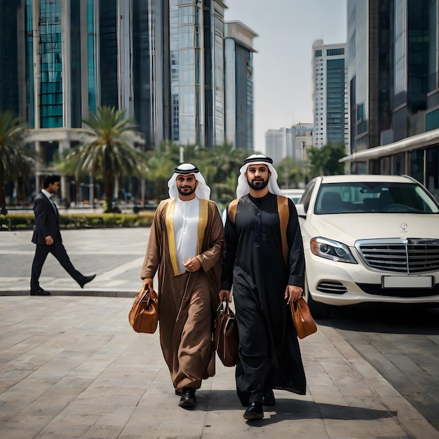 two men walk down a sidewalk in front of a car