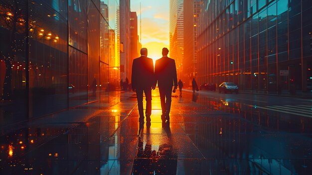 two men walking down a street with the sun setting behind them