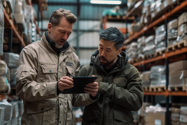 Photo two men in a warehouse reviewing documents on a tablet