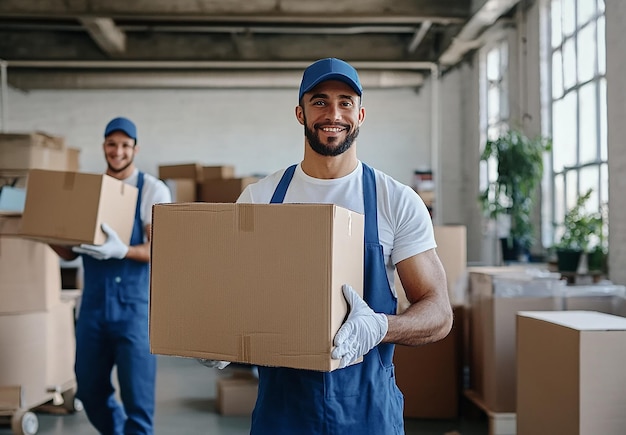 Photo two men in a warehouse with boxes in the background