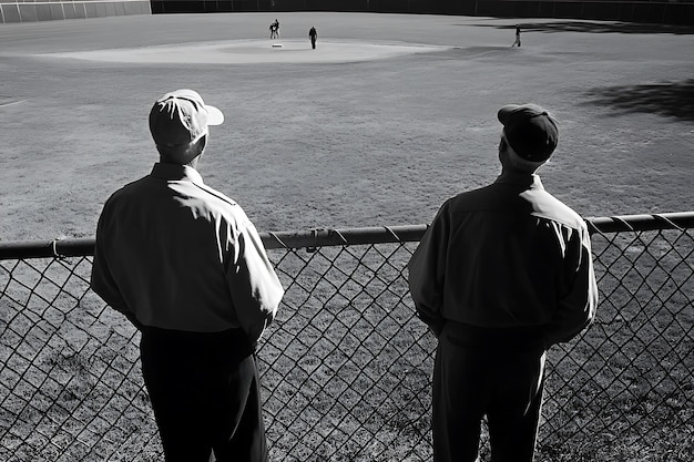 Photo two men watching a baseball game through a chain link fence