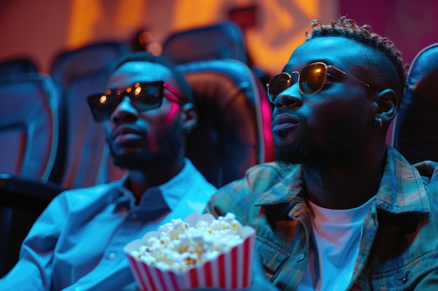 two men watching movie in cinema eating popcorn ai generated