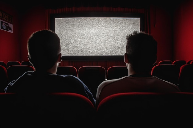 two men watching a static on a television