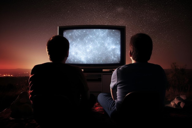 two men watching a static on a television