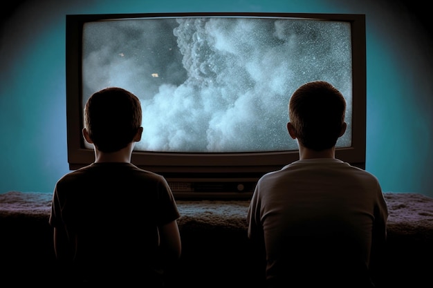 two men watching a static on a television