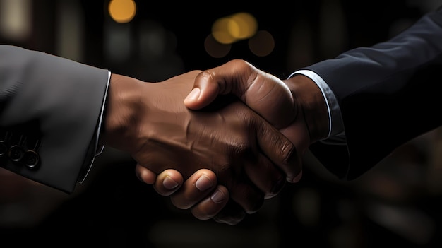 Two men wearing full suits shaking hands