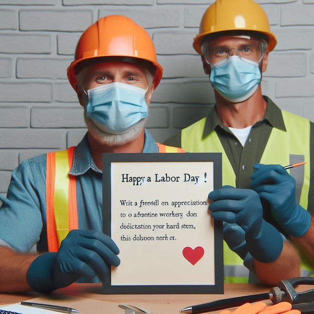 Photo two men wearing hard hats holding up a sign that says quot happy day quot