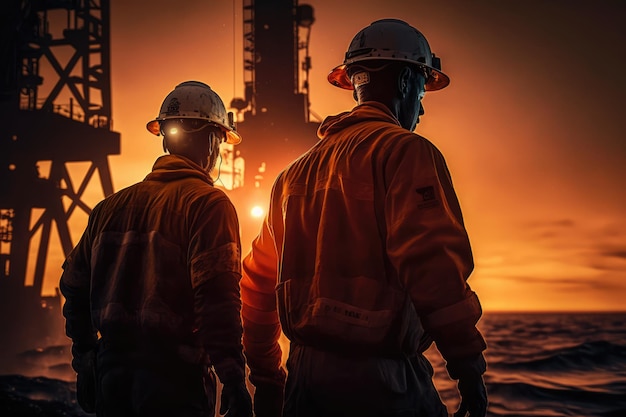 Two men wearing hard hats stand on a dock looking at a oil rig.