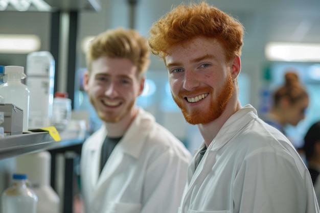 Photo two men wearing lab coats are smiling and smiling