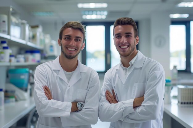 Photo two men wearing lab coats stand in a hospital corridor