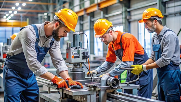 two men wearing orange hard hats are working on a machine