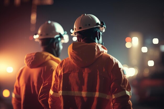 Two men wearing orange safety jackets stand in front of a dark background.