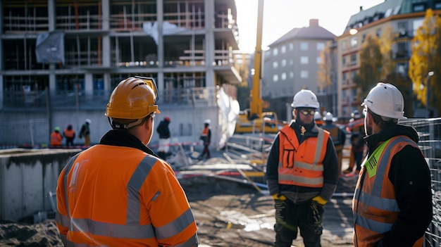 two men wearing orange vests stand in front of a construction site