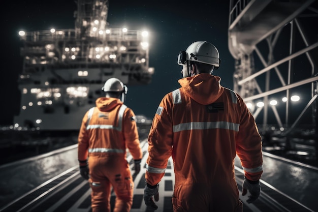 Two men wearing orange and white uniforms walk down a platform with a ship in the background