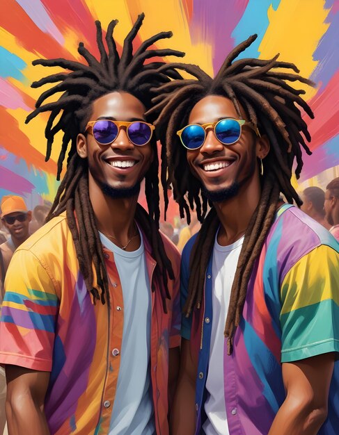 two men wearing sunglasses one wearing a rainbow colored shirt and the other with