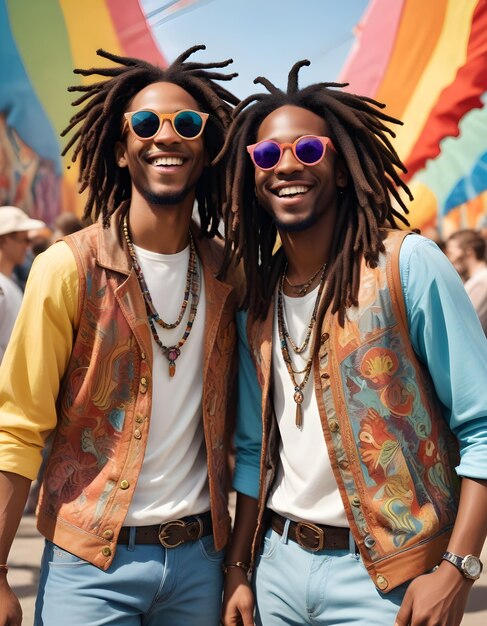 two men wearing sunglasses one wearing a yellow shirt the other with the other wearing