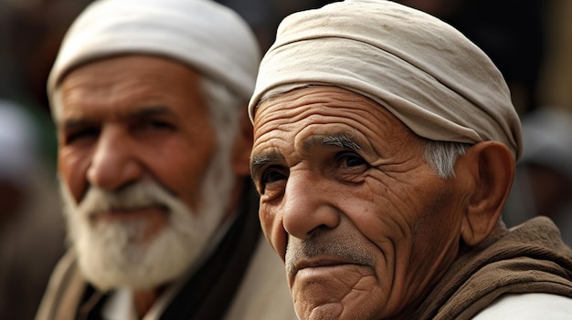 Two men wearing white hats stand next to each other.