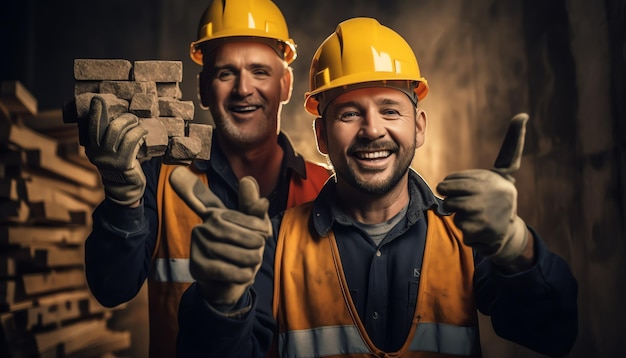 Two men wearing yellow hard hats and holding a sign that says'construction '