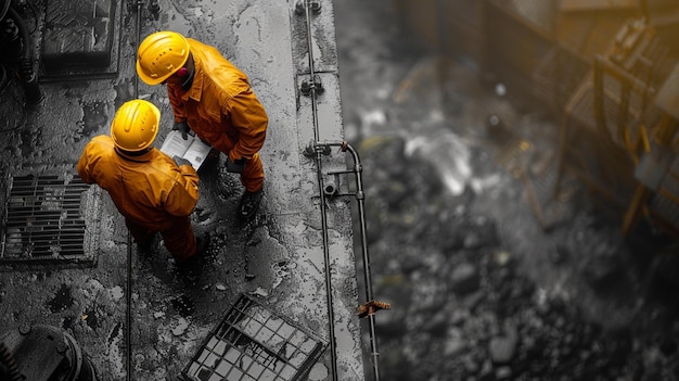 two men wearing yellow work suits are working on a metal box